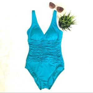 Badgley Mischka turquoise ruched onepiece swimsuit